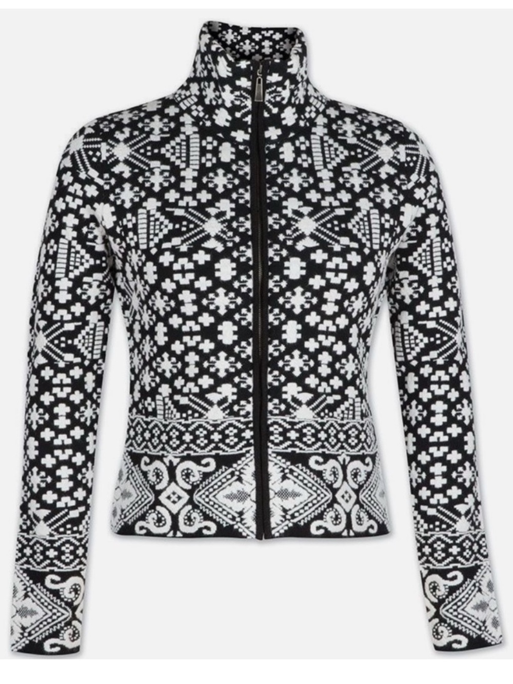 Icelandic Full Zip Mock Neck Black/White Jacquard Ski Sweater Size Medium